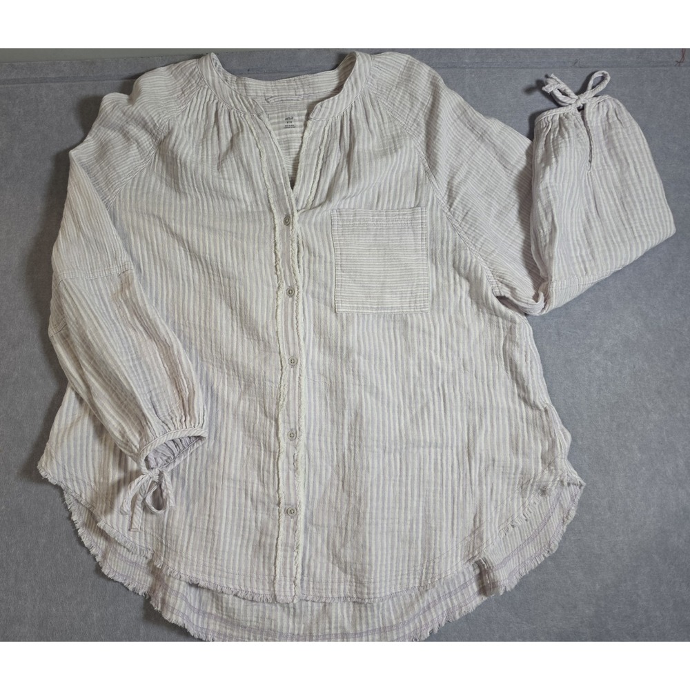 Aerie Oversized Gauze Cotton Button Up Shirt Top White & Purple Pocket Size M